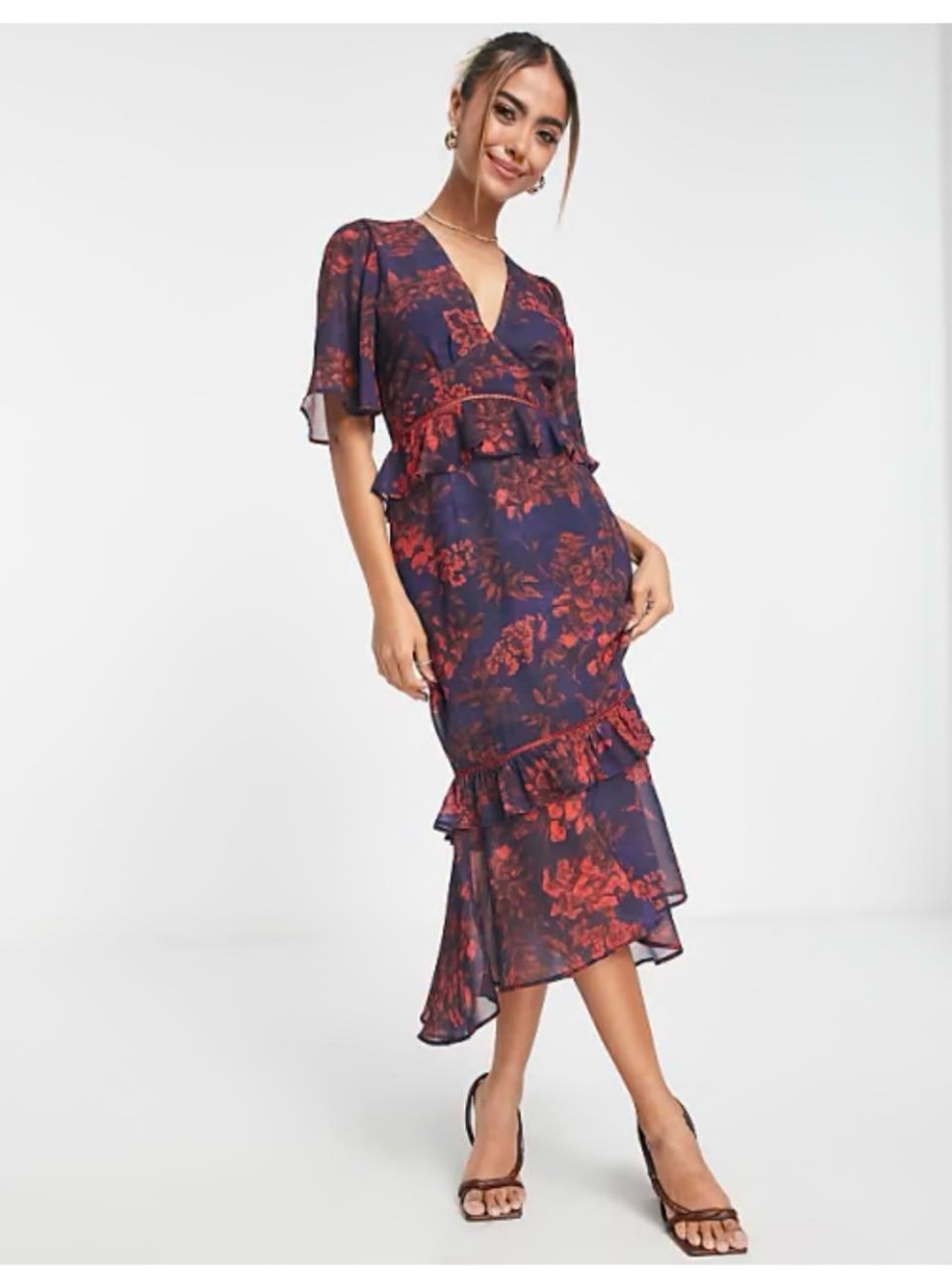 Floral V-Neck Ruffle Maxi Dress in Navy and Red